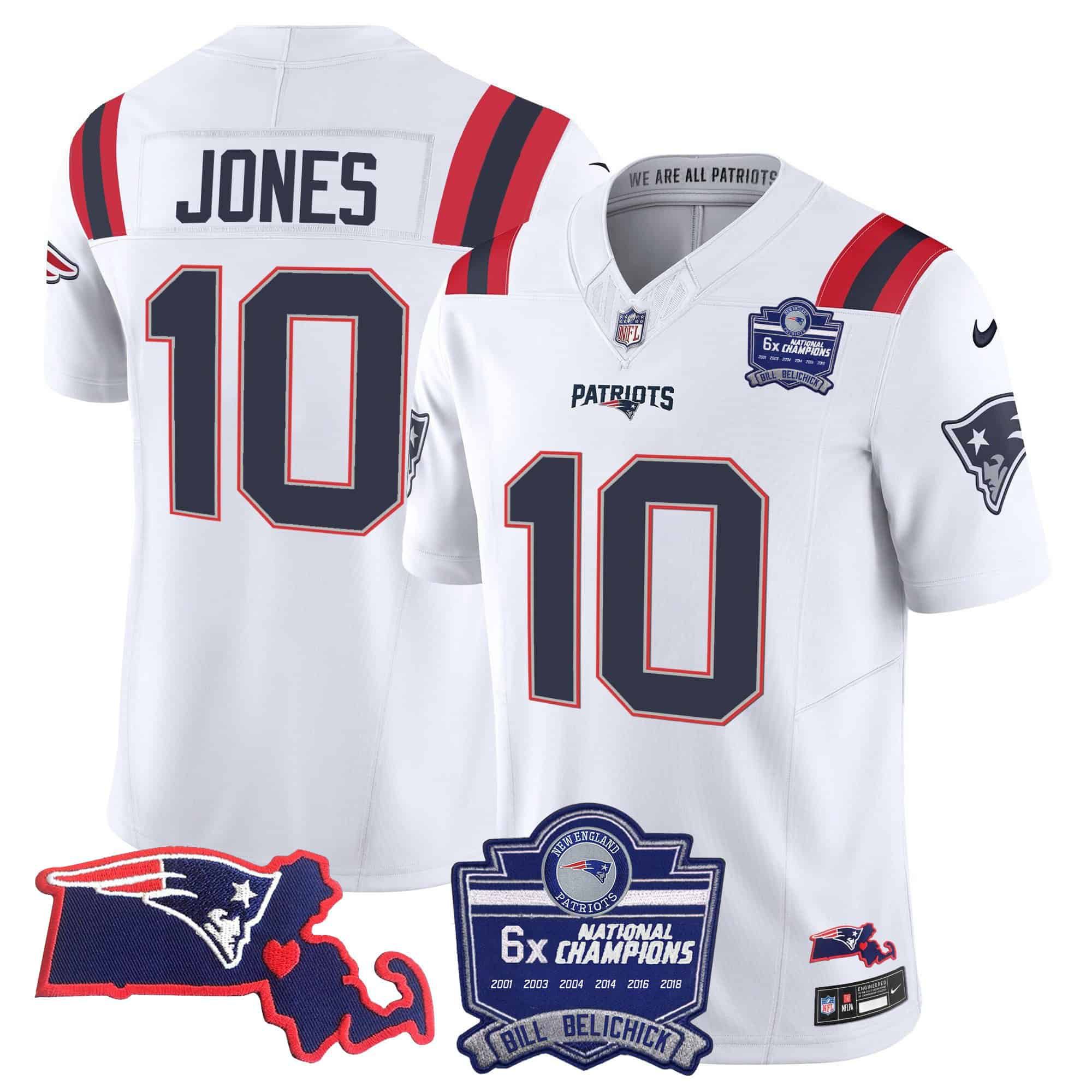 Men New England Patriots #10 Jones White 2024 Nike 6x Champions Patch Vapor Limited NFL Jersey